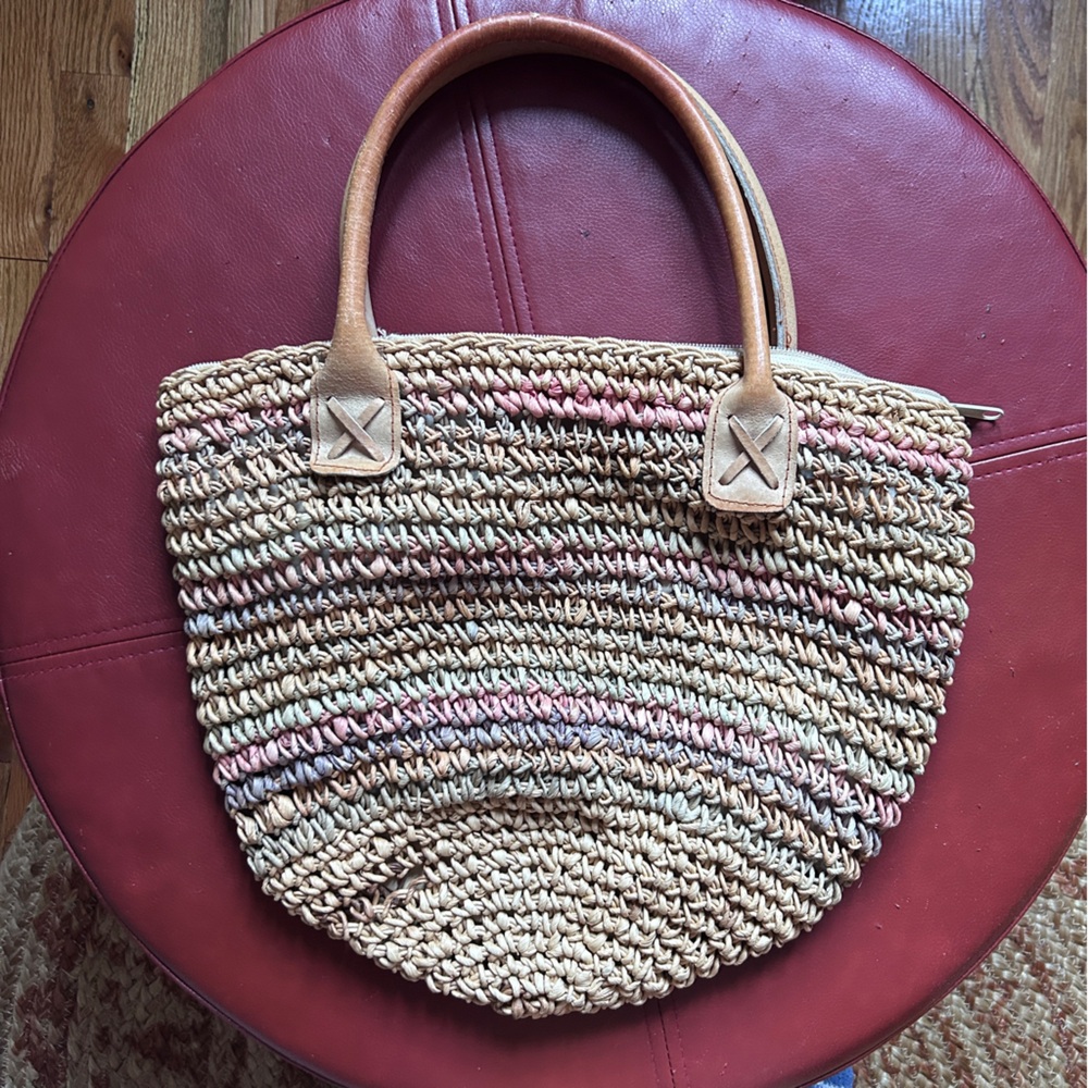 Beachy Tan and Pink Woven Bag- leather handles
